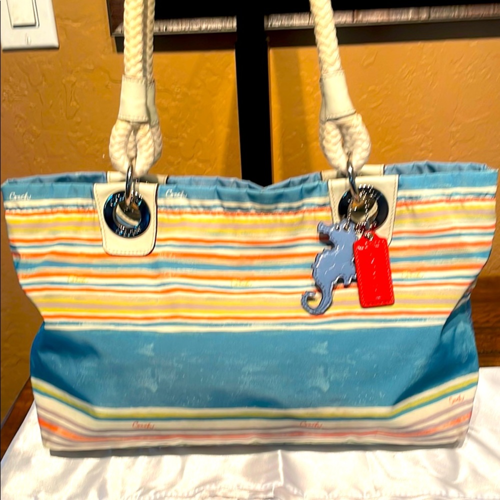 Coach Beach Nautical Nylon and Leather Tote Bag EUC